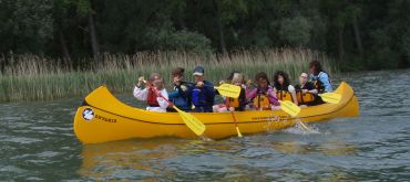 Gelber Ontario mit Kindergruppe vor Schilf